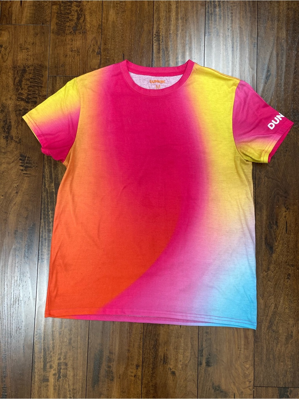 DUNKIN DONUTS Shirt Employee Work Crew Ombre Pink Yellow Tie Dyed Size Medium